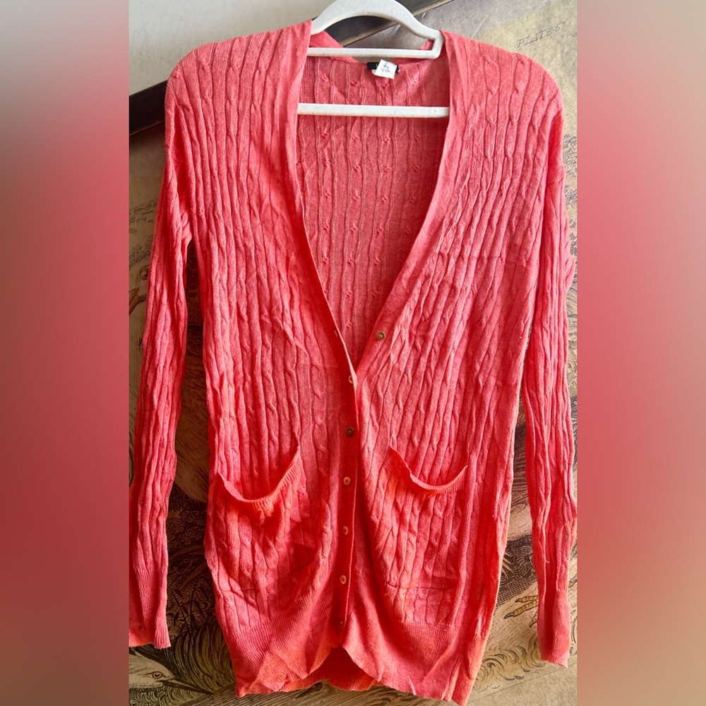 J Crew Salmon Cable Knit Linen Lightweight Cardigan Sweater SZ XS